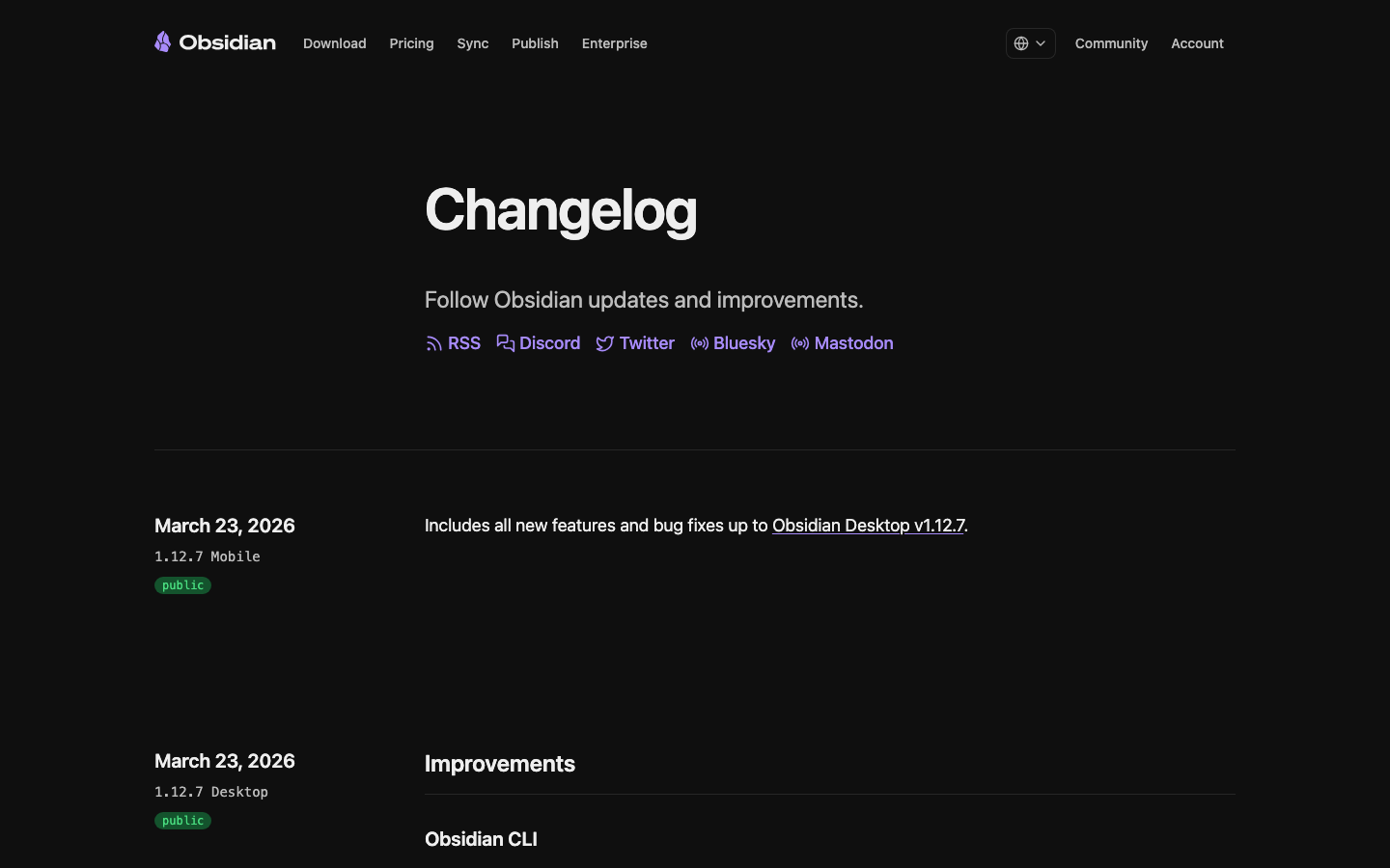 The page uses a dark, minimal aesthetic with a prominent hero section and a left-hand navigation. The overall feel is clean and focused, prioritizing content discovery within a structured environment. · dark saas, developer tools, note-taking, minimalist design, productivity app, obsidian md, knowledge management, dark mode saas