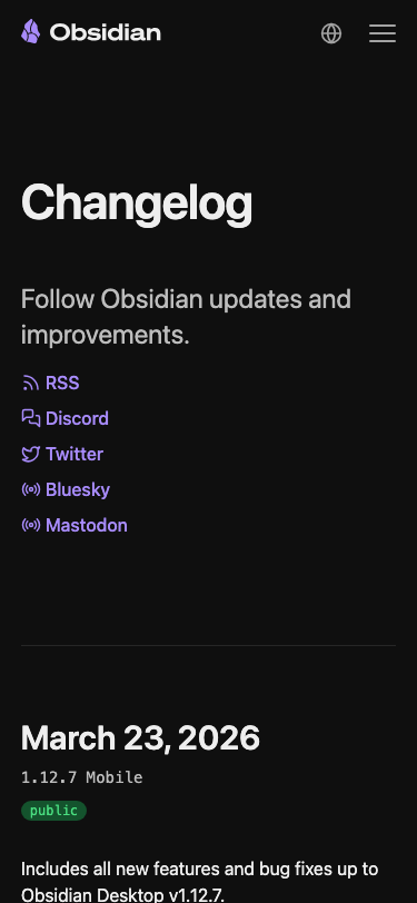 Obsidian Md — Changelog - mobile