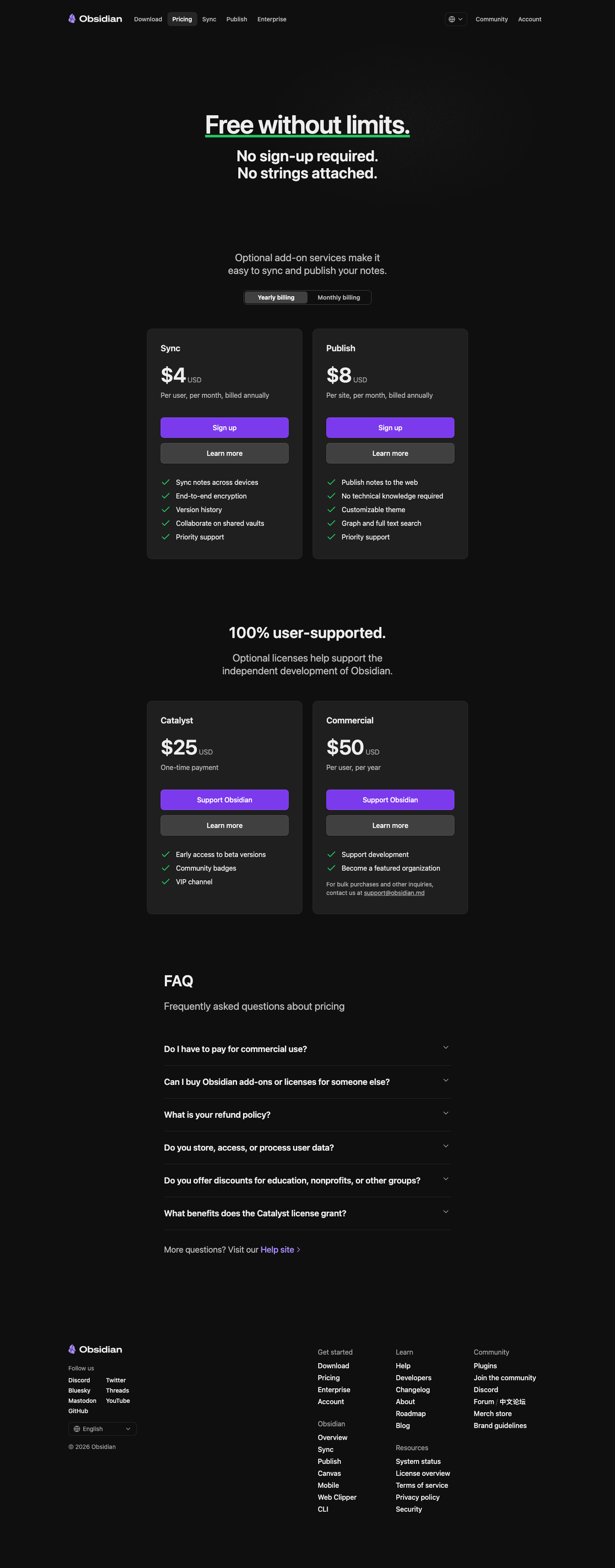 Obsidian Md — Pricing - full page scroll
