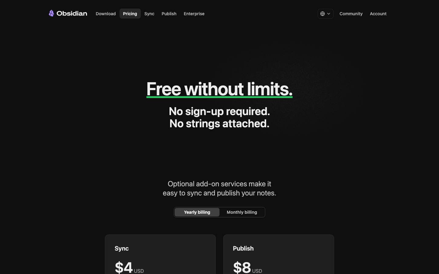The page uses a dark, minimal aesthetic with a prominent hero section and a left-hand navigation. The overall feel is clean and focused, prioritizing content discovery within a structured environment. · dark saas, developer tools, note-taking, minimalist design, productivity app, obsidian md, knowledge management, dark mode saas