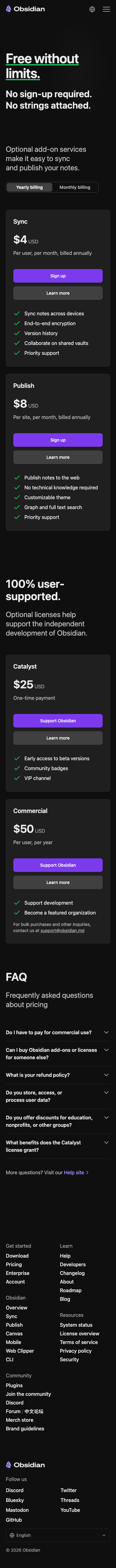 Obsidian Md — Pricing - mobile full page