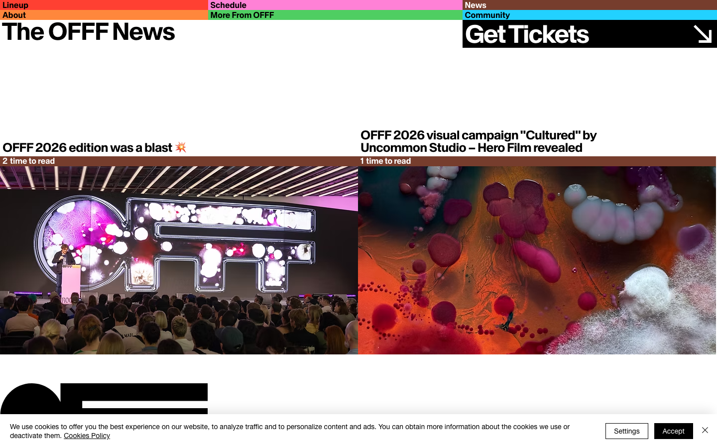 The layout prioritizes visual impact with a large, dynamic hero image and strategically placed text blocks. The overall feel is clean and functional, emphasizing the showcased work rather than overt branding. · adobe live, studio space, creative tech, design agency, conference, technology event, visual display, modern workspace, offf barcelona