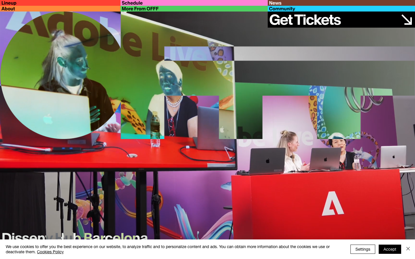 The layout prioritizes visual impact with a large, dynamic hero image and strategically placed text blocks. The overall feel is clean and functional, emphasizing the showcased work rather than overt branding. · adobe live, studio space, creative tech, design agency, conference, technology event, visual display, modern workspace, offf barcelona