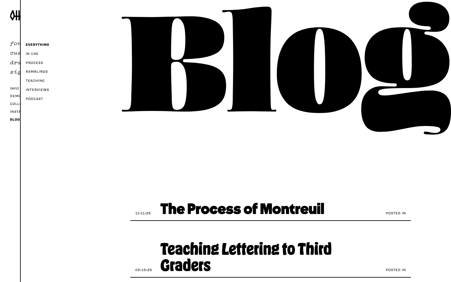The layout prioritizes typographic experimentation and a stark visual hierarchy. Dense blocks of text and varied font weights create a sense of intellectual rigor, echoing a design studio's presentation of its type explorations. · type design, typography showcase, font exploration, design studio, black and white layout, editorial design, graphic design, ohnotype, font samples