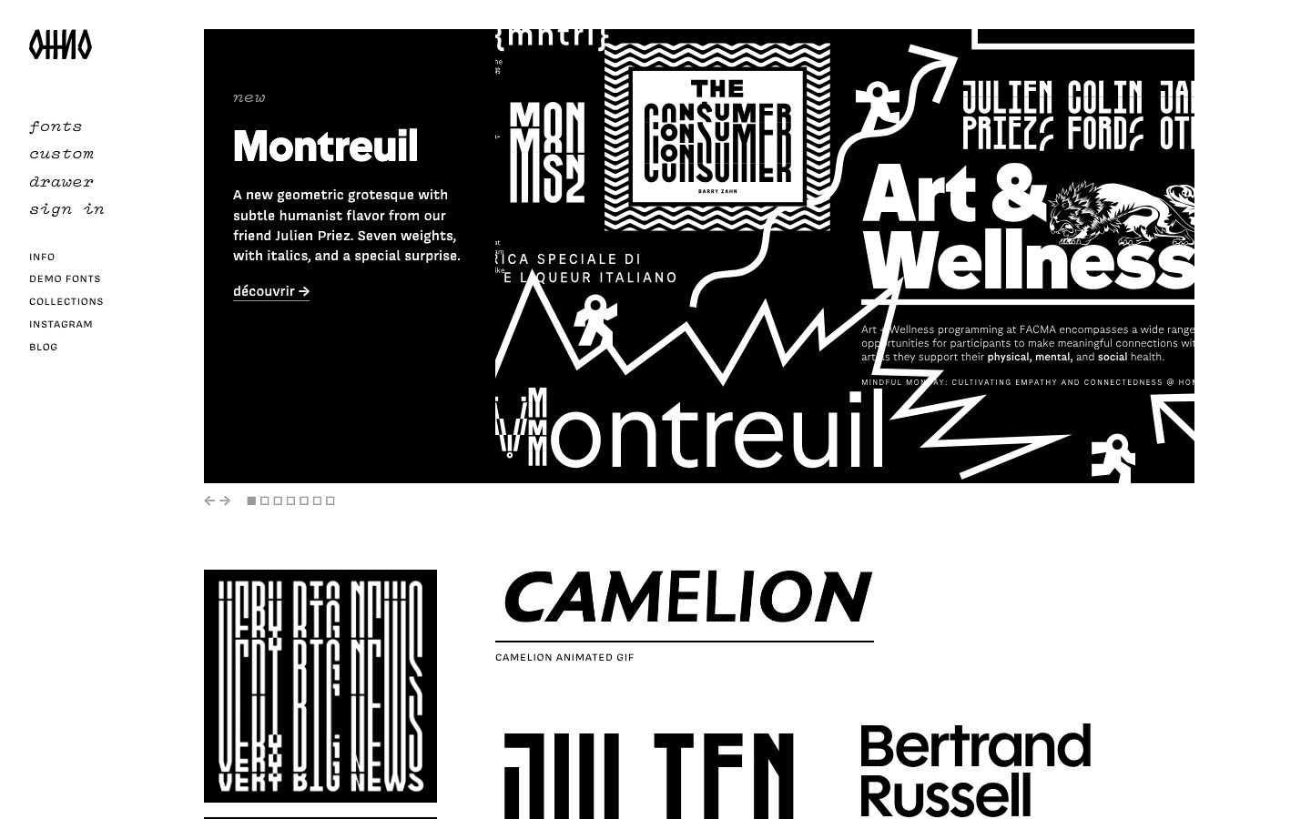 The layout prioritizes typographic experimentation and a stark visual hierarchy. Dense blocks of text and varied font weights create a sense of intellectual rigor, echoing a design studio's presentation of its type explorations. · type design, typography showcase, font exploration, design studio, black and white layout, editorial design, graphic design, ohnotype, font samples