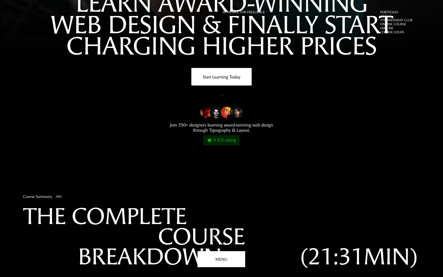 High-contrast monochrome layout utilizing massive, tight-kerning sans-serif typography to create a sense of scale and authority. The design relies on extreme type hierarchy and a stark black background to drive focus. · dark mode typography, brutalist education hero, high contrast sans serif, minimalist course landing page, bold type hierarchy