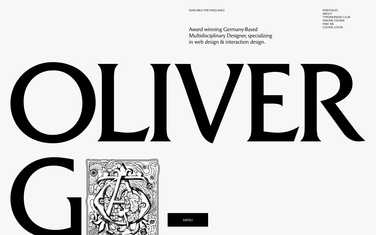 High-contrast monochrome layout featuring massive serif typography that bleeds off the edges. The composition balances stark white space with a detailed vintage botanical illustration. · editorial portfolio, massive serif typography, monochrome design, high contrast layout, minimalist designer site, typographic hero