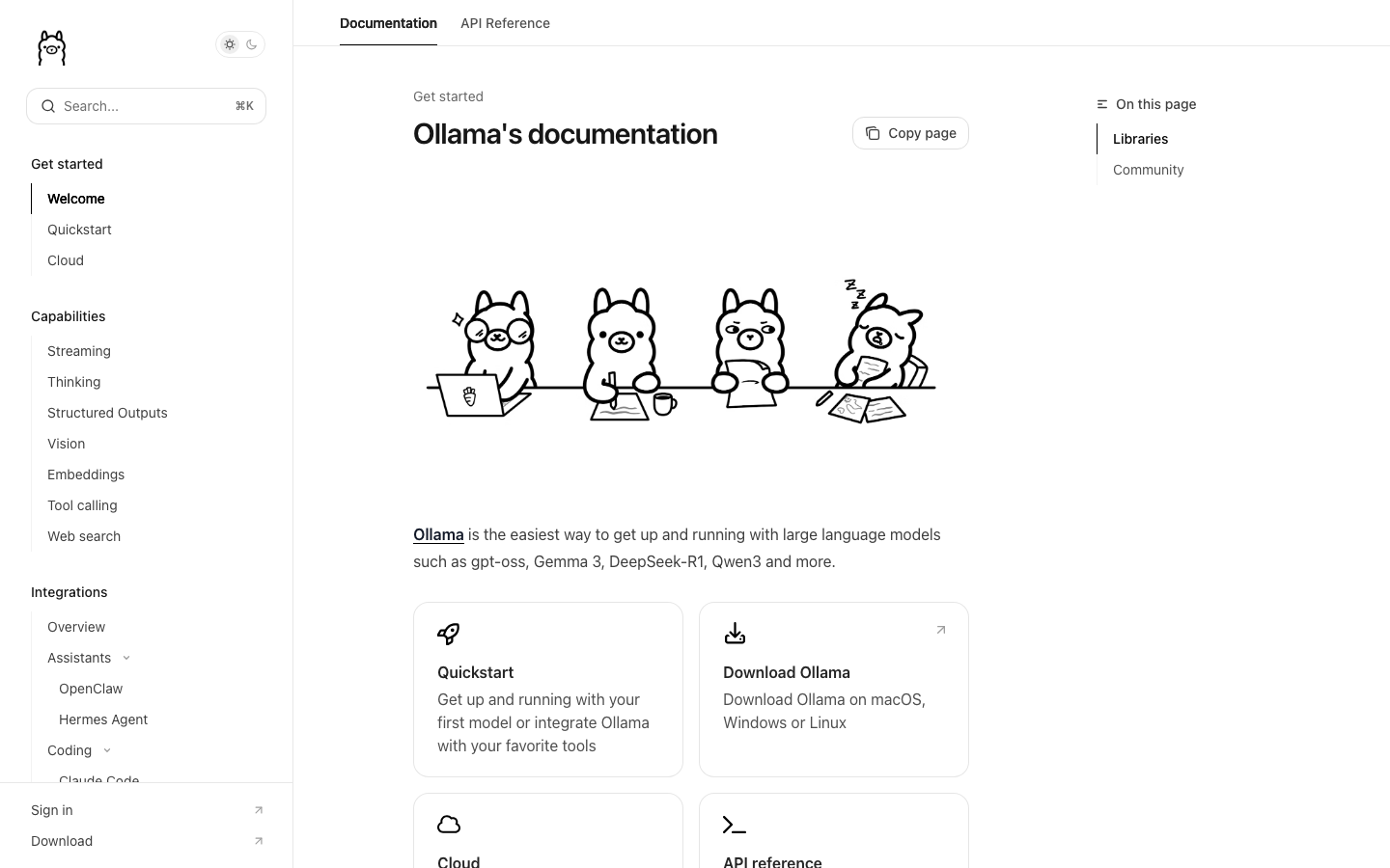 The page uses a stark black and white palette with a central illustration, immediately establishing a technical and slightly playful mood. The layout is split, with a prominent call to action and code snippet, suggesting a developer-focused product. · ai model platform, open source ai, developer tools, terminal interface, code example, minimalist landing page, dark theme ai