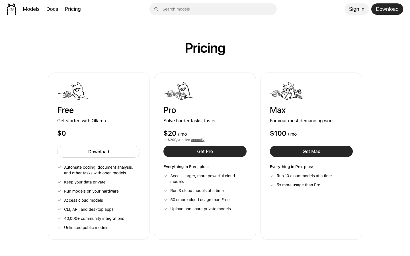 The page uses a stark black and white palette with a central illustration, immediately establishing a technical and slightly playful mood. The layout is split, with a prominent call to action and code snippet, suggesting a developer-focused product. · ai model platform, open source ai, developer tools, terminal interface, code example, minimalist landing page, dark theme ai