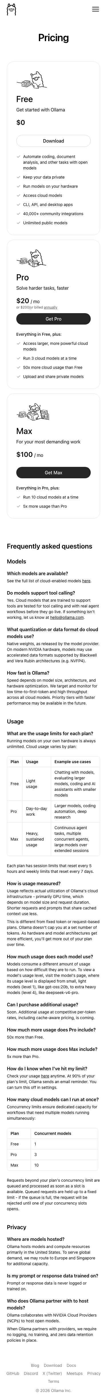 Ollama — Pricing - mobile full page