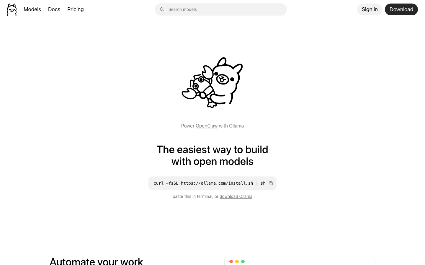 The page uses a stark black and white palette with a central illustration, immediately establishing a technical and slightly playful mood. The layout is split, with a prominent call to action and code snippet, suggesting a developer-focused product. · ai model platform, open source ai, developer tools, terminal interface, code example, minimalist landing page, dark theme ai