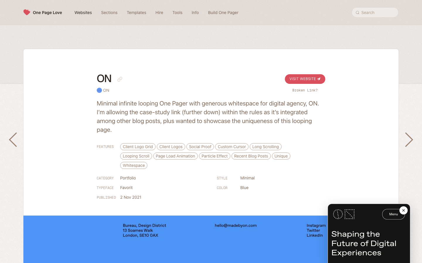 The layout prioritizes a clean, grid-based structure with distinct sections for navigation, curated links, and a brief description. The design feels refined and purposeful, emphasizing clarity and a sense of established authority. · one page websites, web design curation, portfolio grid, minimalist design, editorial web, website inspiration, design resource