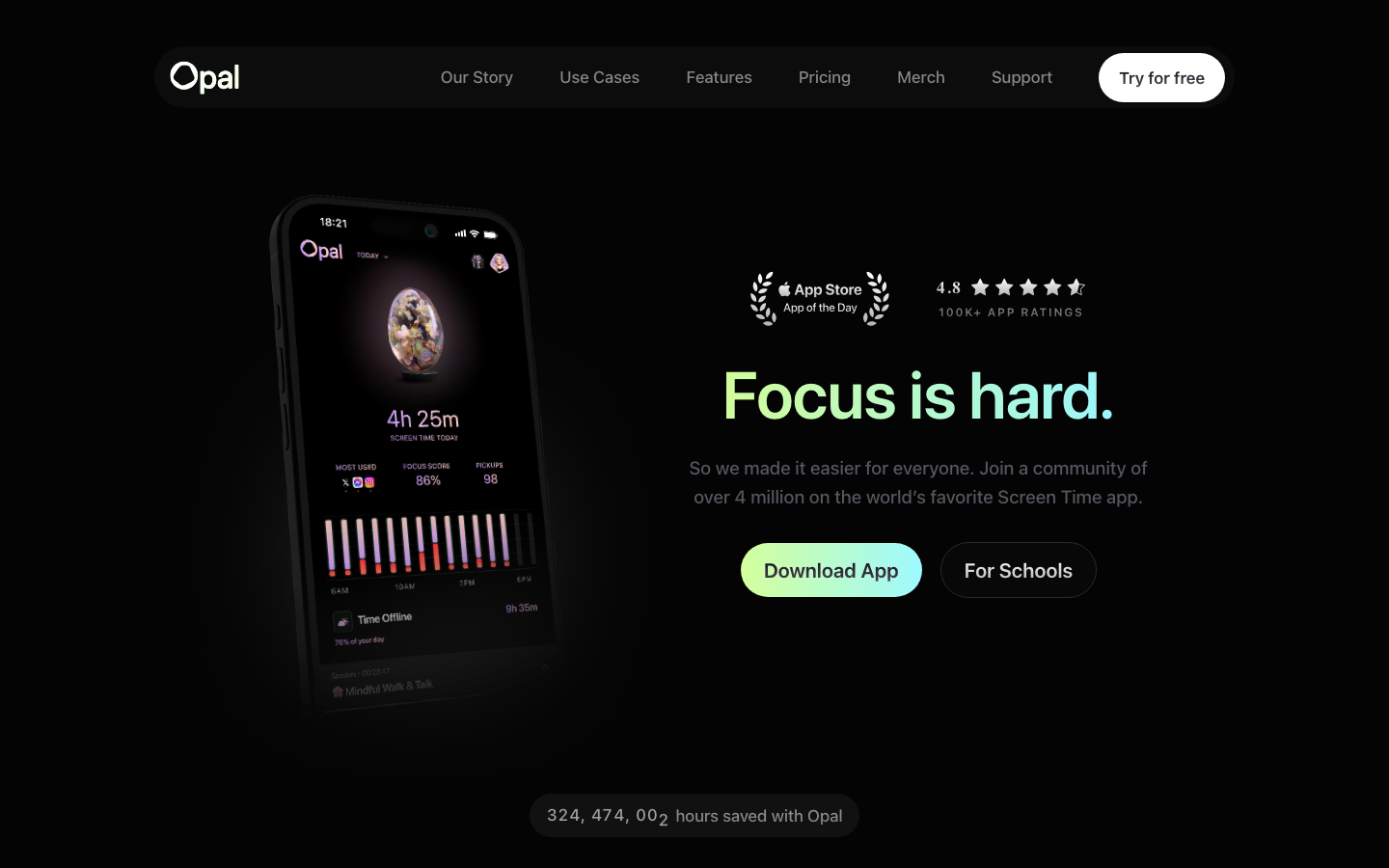 The page uses a full-screen hero image of the app interface, immediately establishing its function. The dark background and clean typography create a technical and sophisticated mood, emphasizing clarity and functionality.  ·  focus app, productivity tool, time management, dark ui, app showcase, screen time, minimalist design, tech product, app landing page, opal