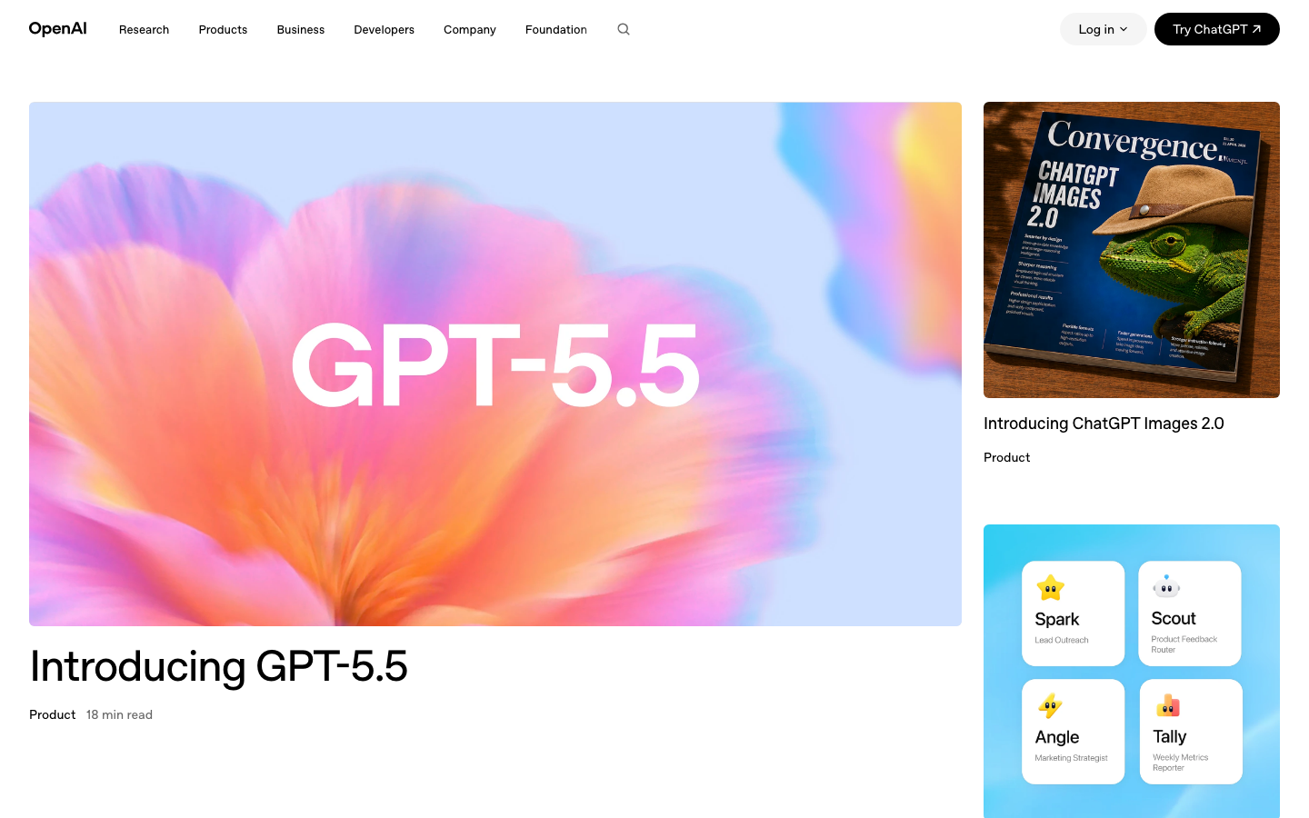 The page uses a large, soft-focus image as a full-viewport hero, with the product name prominently displayed in a clean, modern typeface. The overall feel is spacious and uncluttered, prioritizing visual impact and clarity. · ai product, openai landing page, large hero image, minimalist ai, tech website, soft focus, gpt-5.5, developer tools
