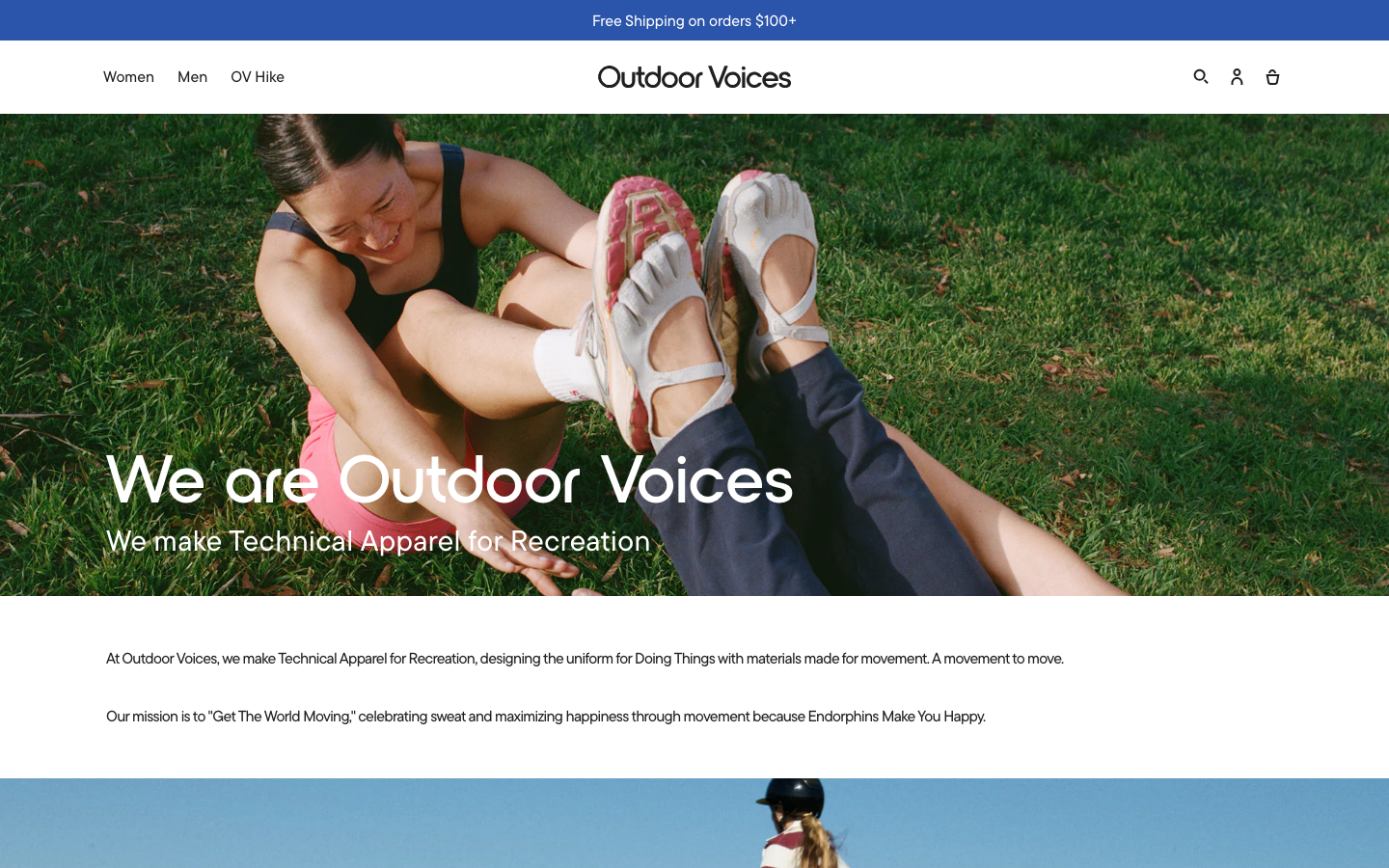 The image dominates the viewport, establishing a mood of natural exploration. Clean typography and ample negative space contribute to a sense of understated quality. The overall feel is authentic and unpretentious. · outdoor voices, hiking apparel, activewear, minimalist ecommerce, natural photography, brand hero, soft aesthetic, muted colors