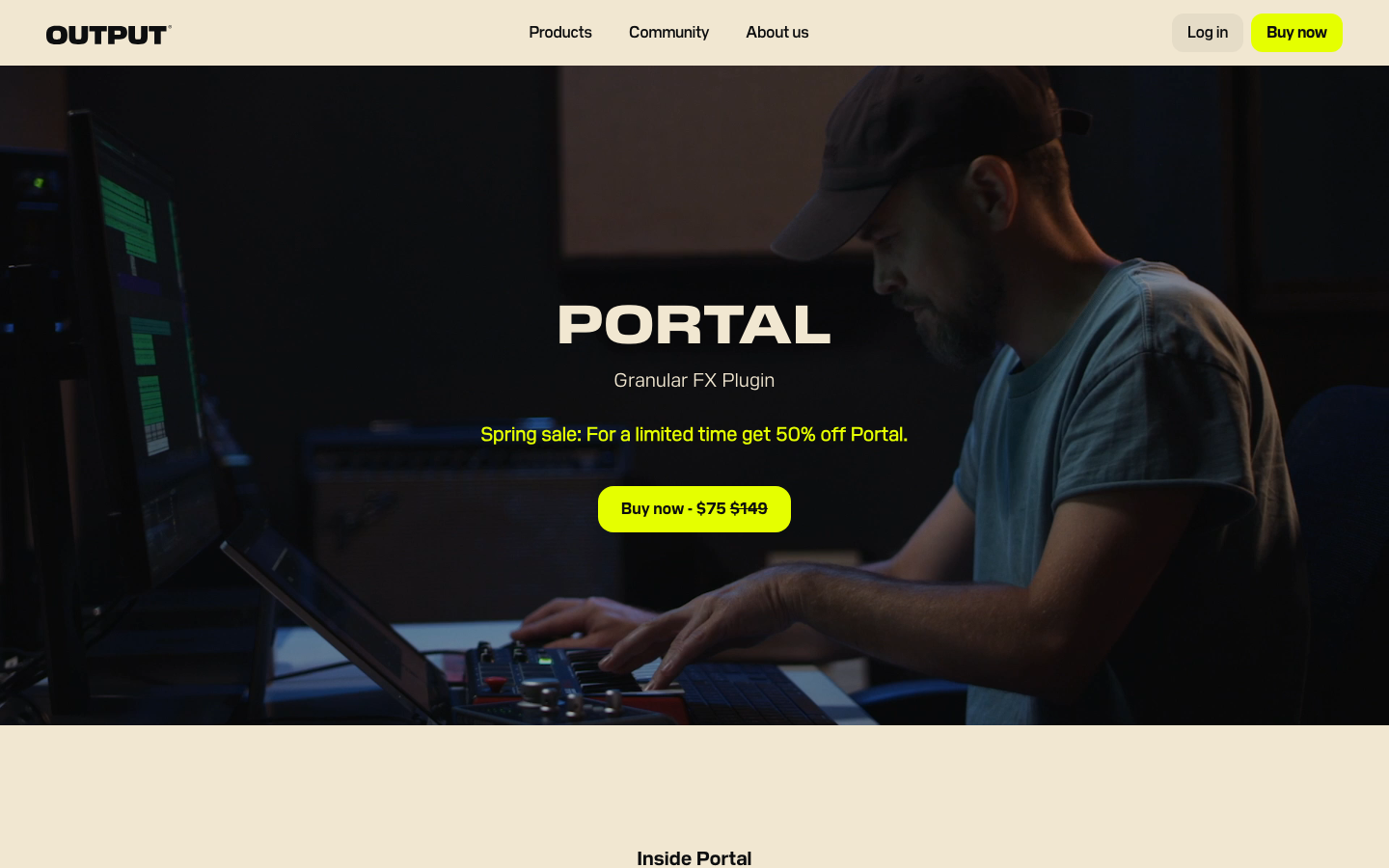 The hero image establishes a sense of immersive, hands-on creation. The typography is clean and impactful, prioritizing the central message over elaborate ornamentation. The overall density is low, allowing the visual to breathe. · music production website, audio software landing page, creative agency site, minimalist music design, editorial audio brand, output co-producer, studio website, audio tools, creative tech, music technology