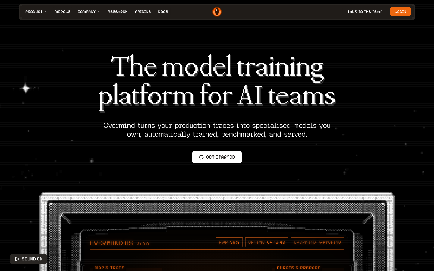 A high-contrast dark interface utilizing a pixelated, CRT-inspired aesthetic. The typography blends a classic serif with digital artifacts, creating a retro-futurist terminal mood. · retro futurist ai, crt terminal aesthetic, dark mode saas hero, pixelated typography, developer tool landing page