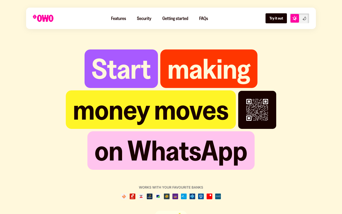 OWO is a fast and secure way to pay using your bank account on WhatsApp | Enjoy free transfers and earn rewards on payments. A Mono Company · playful, minimalism, fintech, saas, hero-with-cta, feature-trio, logo-cloud