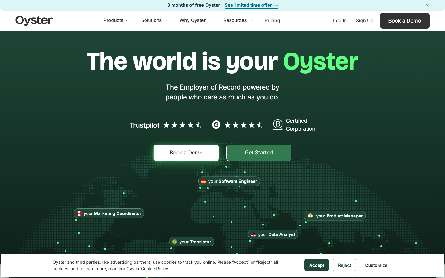 Hire, pay, and manage teams globally with Oyster. Streamline payroll, ensure compliance, and simplify HR in +180 countries—all on one platform. · minimalism, swiss, brutalism, saas, developer-tools, agency, hero-with-cta, logo-cloud, feature-trio, testimonial-wall