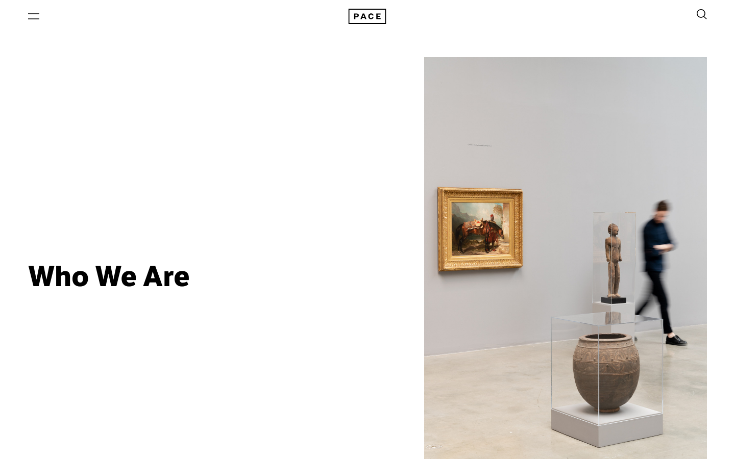 The page presents a striking visual contrast. A large, detailed photograph dominates one side, while the other features clean, minimalist text blocks. The overall impression is one of refined presentation and artistic focus. · art gallery website, contemporary art portfolio, minimalist design, split screen layout, photography portfolio, art exhibition, pace gallery, modern art, gallery website