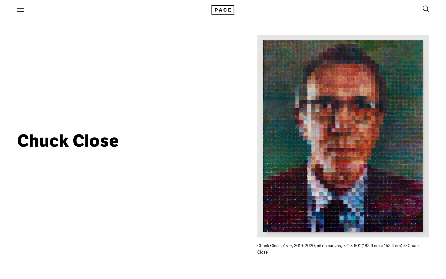 The page presents a striking visual contrast. A large, detailed photograph dominates one side, while the other features clean, minimalist text blocks. The overall impression is one of refined presentation and artistic focus. · art gallery website, contemporary art portfolio, minimalist design, split screen layout, photography portfolio, art exhibition, pace gallery, modern art, gallery website