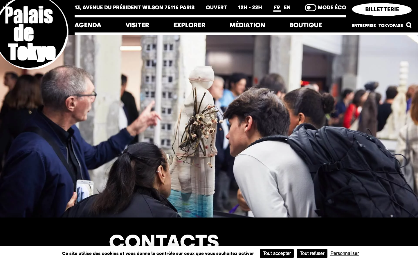 The layout prioritizes a strong visual hierarchy with a central image and a grid of text blocks. Typography is clean and impactful, with a focus on large-scale headings and a restrained color palette. The overall mood is sophisticated and understated. · modern art website, minimalist gallery, black and white portfolio, art museum design, editorial website, abstract art, cultural institution, dark website, sophisticated design, art platform