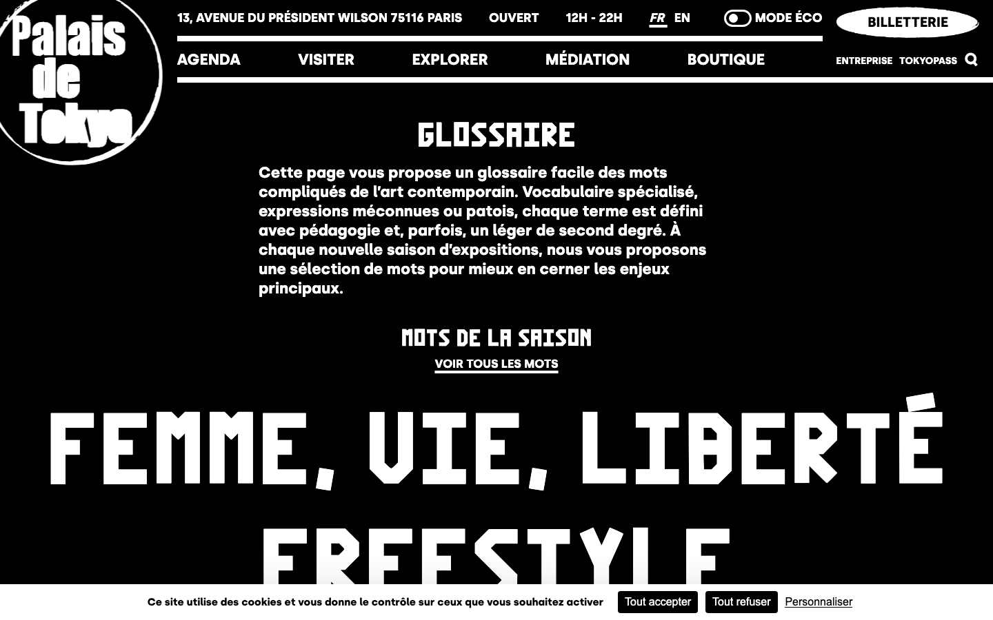 The layout prioritizes a strong visual hierarchy with a central image and a grid of text blocks. Typography is clean and impactful, with a focus on large-scale headings and a restrained color palette. The overall mood is sophisticated and understated. · modern art website, minimalist gallery, black and white portfolio, art museum design, editorial website, abstract art, cultural institution, dark website, sophisticated design, art platform