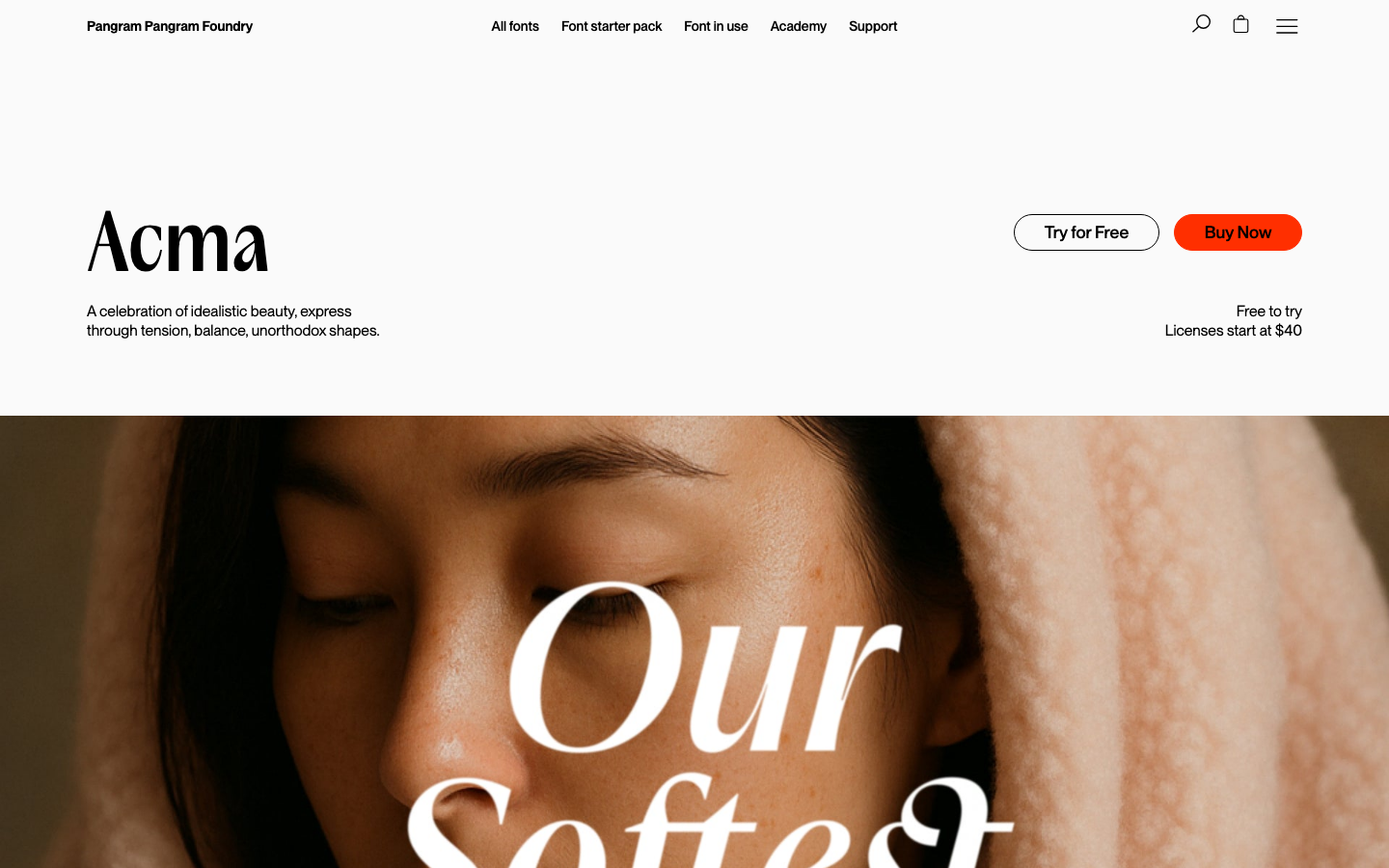 The page prioritizes typographic hierarchy and ample negative space. Clean lines and a limited color palette create a sense of refined professionalism, emphasizing the font itself as the core offering. · font foundry, typography showcase, type design, sans serif font, headline font, editorial design, minimalist typography