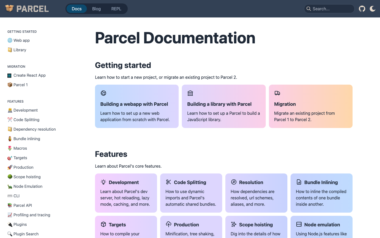 The page prioritizes code display and a clean, functional aesthetic. Typography is stark and geometric, with a focus on readability and technical clarity. The color palette is limited to shades of purple and teal, creating a modern, digital feel. · javascript bundler, web development tools, modern build tool, parceljs, developer website, technical design, code showcase