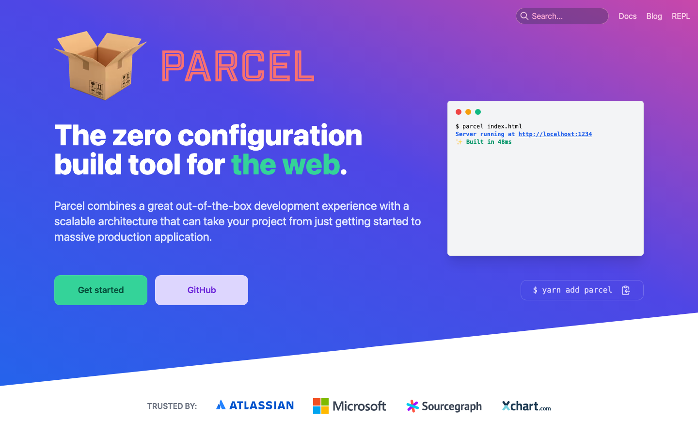 The page prioritizes code display and a clean, functional aesthetic. Typography is stark and geometric, with a focus on readability and technical clarity. The color palette is limited to shades of purple and teal, creating a modern, digital feel. · javascript bundler, web development tools, modern build tool, parceljs, developer website, technical design, code showcase