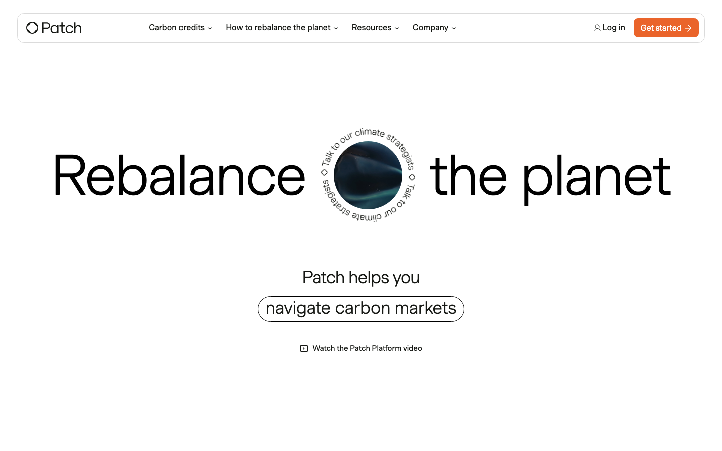 The page uses stark typography and a limited color palette to create a sense of clarity and directness. The central graphic and concise headline establish a focused, informative tone. · carbon removal, climate tech, sustainability platform, carbon markets, environmental solutions, patch io, climate strategy