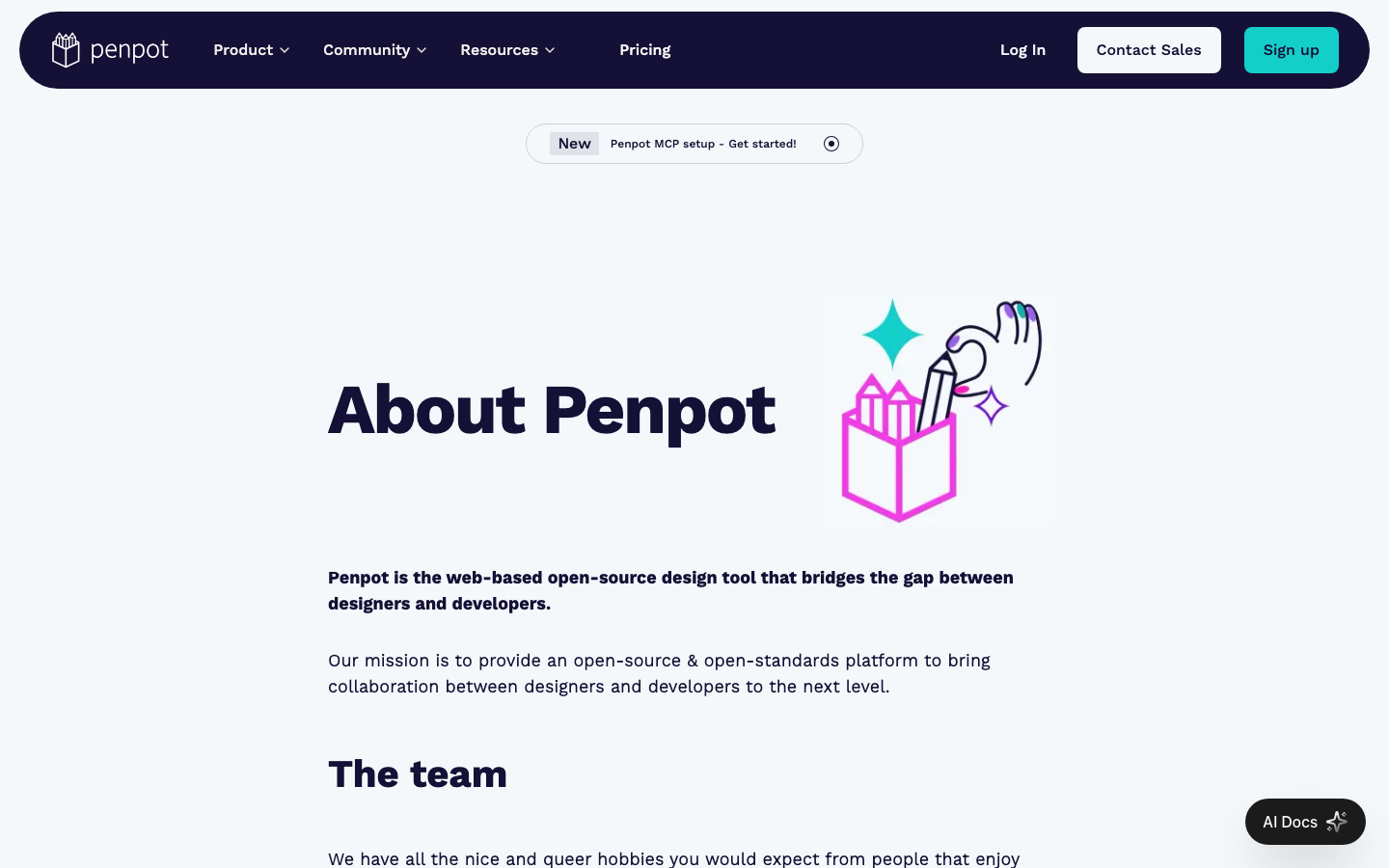 Penpot — About - The page utilizes a dark, minimal aesthetic with a strong emphasis on typography and clear visual hierarchy. The layout features distinct sections separated by whitespace, creating a sense of order and functionality. The overall mood is serious and professional.  ·  dark saas, minimalist design, developer tools, design system, penpot ui, tech website, dark mode ui