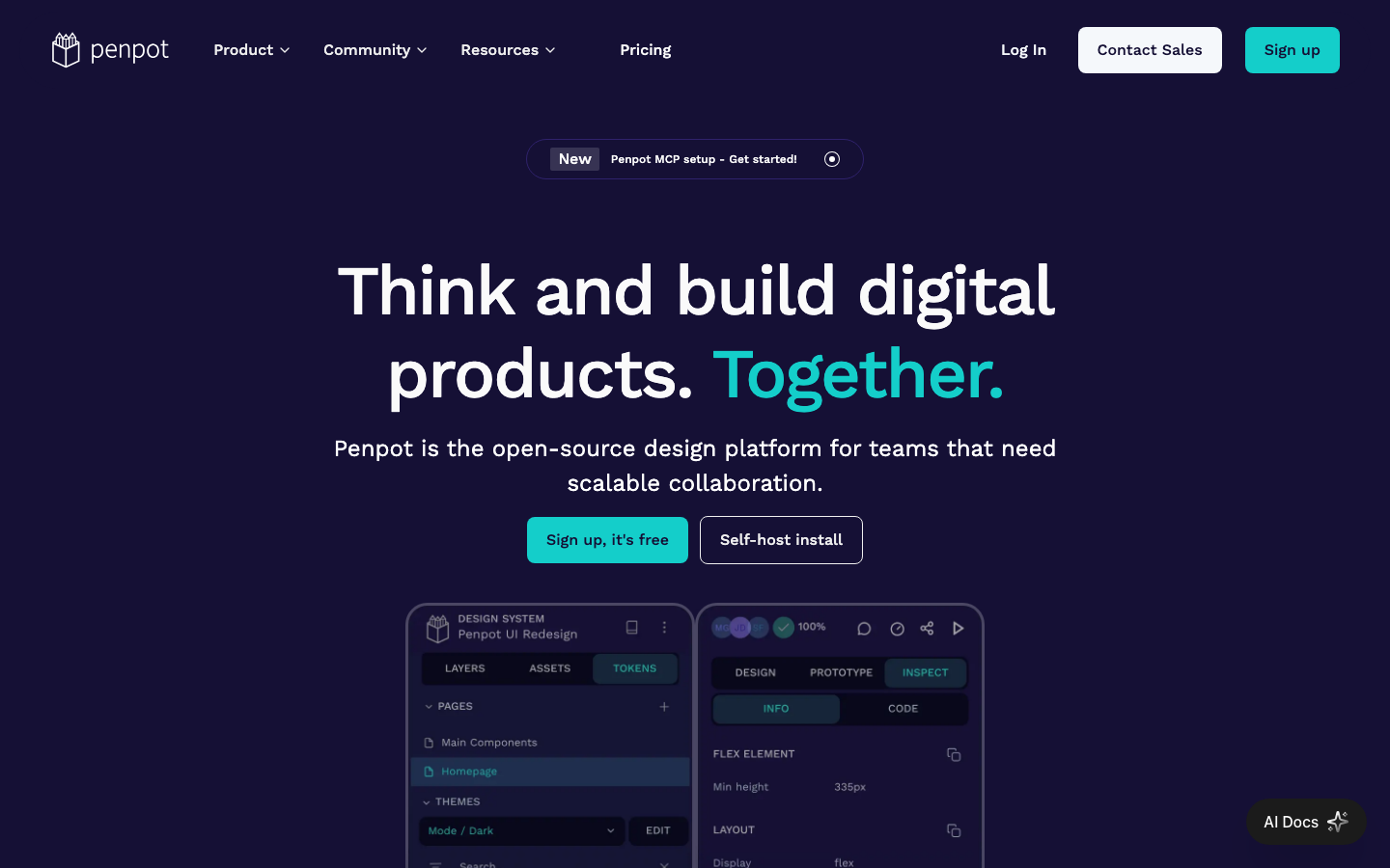 Penpot - The page utilizes a dark, minimal aesthetic with a strong emphasis on typography and clear visual hierarchy. The layout features distinct sections separated by whitespace, creating a sense of order and functionality. The overall mood is serious and professional.  ·  dark saas, minimalist design, developer tools, design system, penpot ui, tech website, dark mode ui