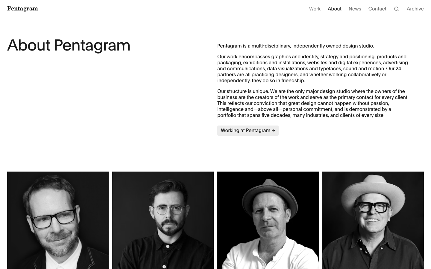 The page uses a strong photographic approach, presenting the studio's physical space as a key element of its identity. Clean typography and ample negative space contribute to a sense of understated confidence. · studio homepage, design agency, minimalist portfolio, architectural photography, logo display, modern office, pentagram, exterior view