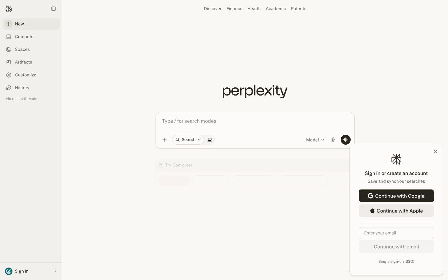 Perplexity - The page prioritizes a clean, functional interface with a focus on search functionality. Typography is clean and legible, with a dark color palette emphasizing clarity and reducing visual noise.   ·  ai search, perplexity ai, dark interface, minimal ai, search tool, developer ai, ai platform, search modes
