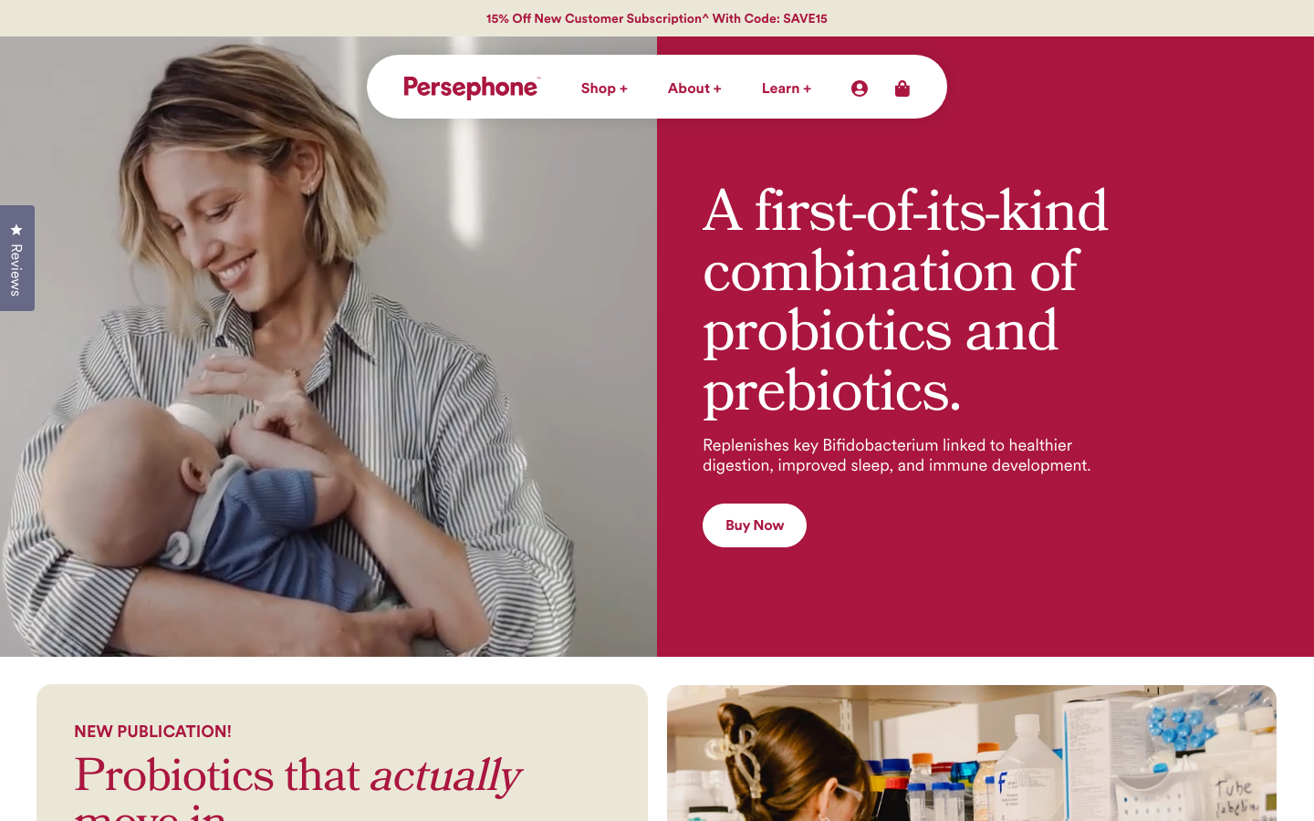 A balanced diptych layout pairing a soft, natural lifestyle photograph with a bold, saturated crimson block of serif typography. The floating pill-shaped navigation adds a modern, clean layer over the split composition. · health ecommerce hero, split screen layout, serif typography, crimson brand color, editorial health site, lifestyle diptych