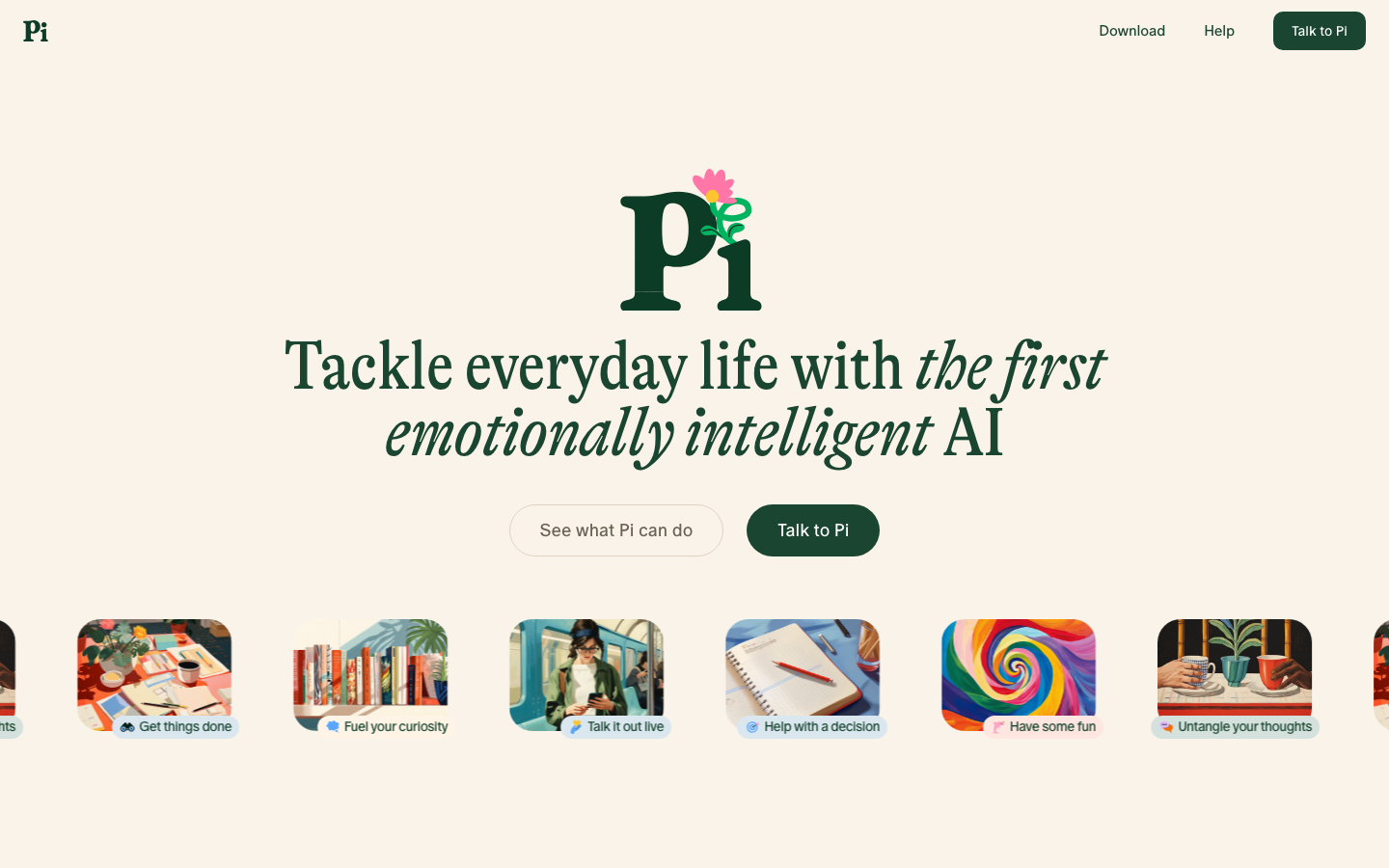 The layout uses a clean bento grid to showcase key features with illustrations. The color palette is soft and muted, with a focus on earthy tones and pastel accents, creating a welcoming and approachable feel. · ai product, emotional ai, saas features, ai tools, feature showcase, minimalist ai, soft ui, illustration ui