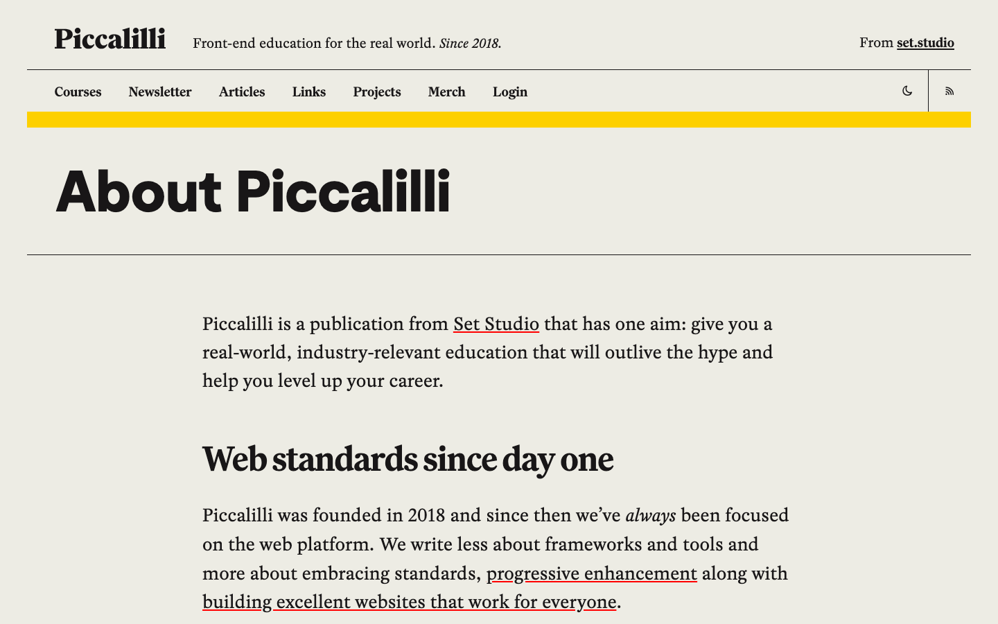 The page uses a stark contrast of bright yellow and black, with bold typography and ample whitespace. The layout is divided into two distinct halves, creating a clear visual hierarchy. It feels like a carefully curated presentation of information.  ·  developer education, tech learning, minimalist design, editorial website, split screen layout, geometric pattern, typography focused, dark mode, clean design, saas education