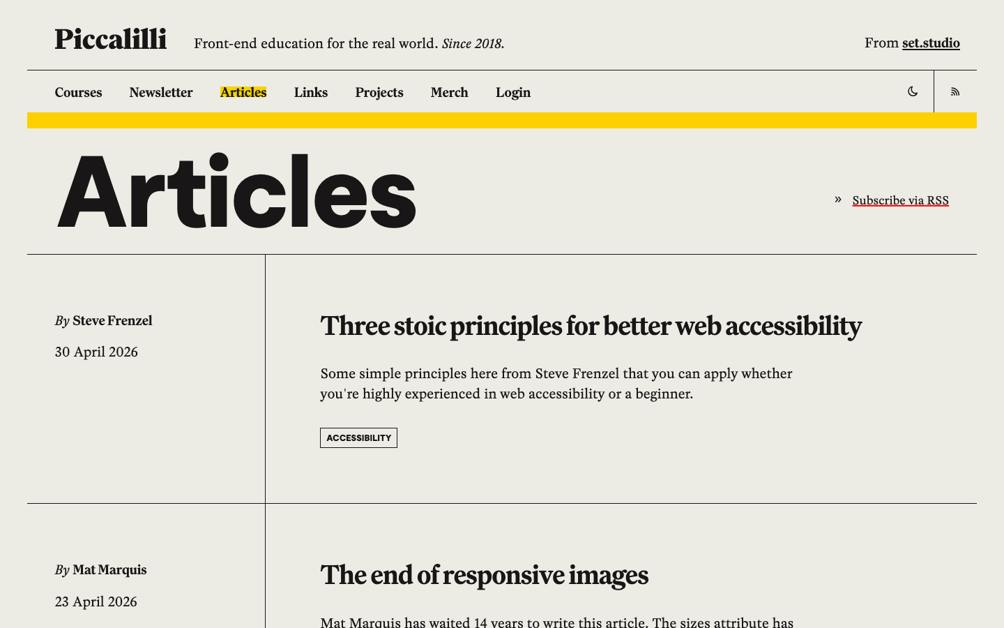 The page uses a stark contrast of bright yellow and black, with bold typography and ample whitespace. The layout is divided into two distinct halves, creating a clear visual hierarchy. It feels like a carefully curated presentation of information. · developer education, tech learning, minimalist design, editorial website, split screen layout, geometric pattern, typography focused, dark mode, clean design, saas education