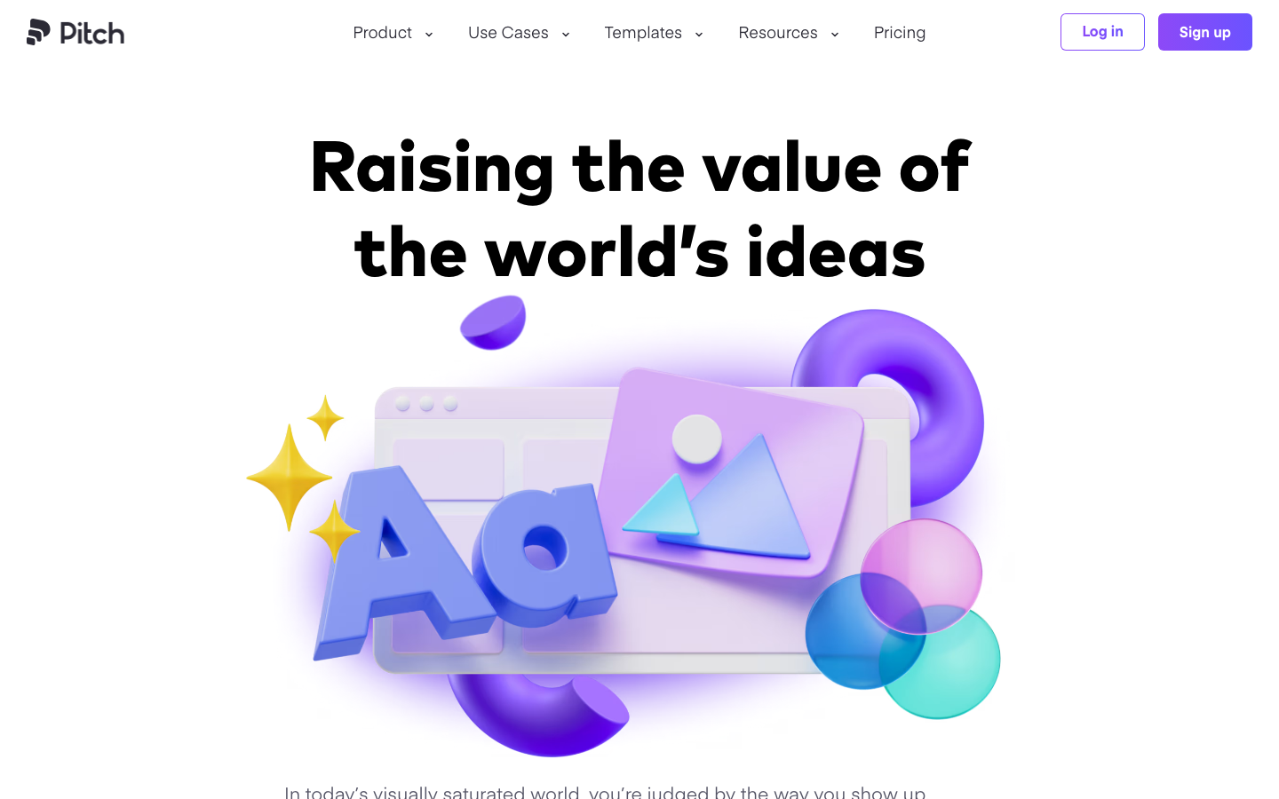 The page uses a clean, spacious layout with bold typography and a limited color palette. The hero section features a prominent logo and clear calls to action, while the lower sections showcase key features with concise descriptions. It feels structured and purposeful. · ai presentation, pitch software, slide deck tool, business presentation, minimalist landing page, tech website, purple website, saas design