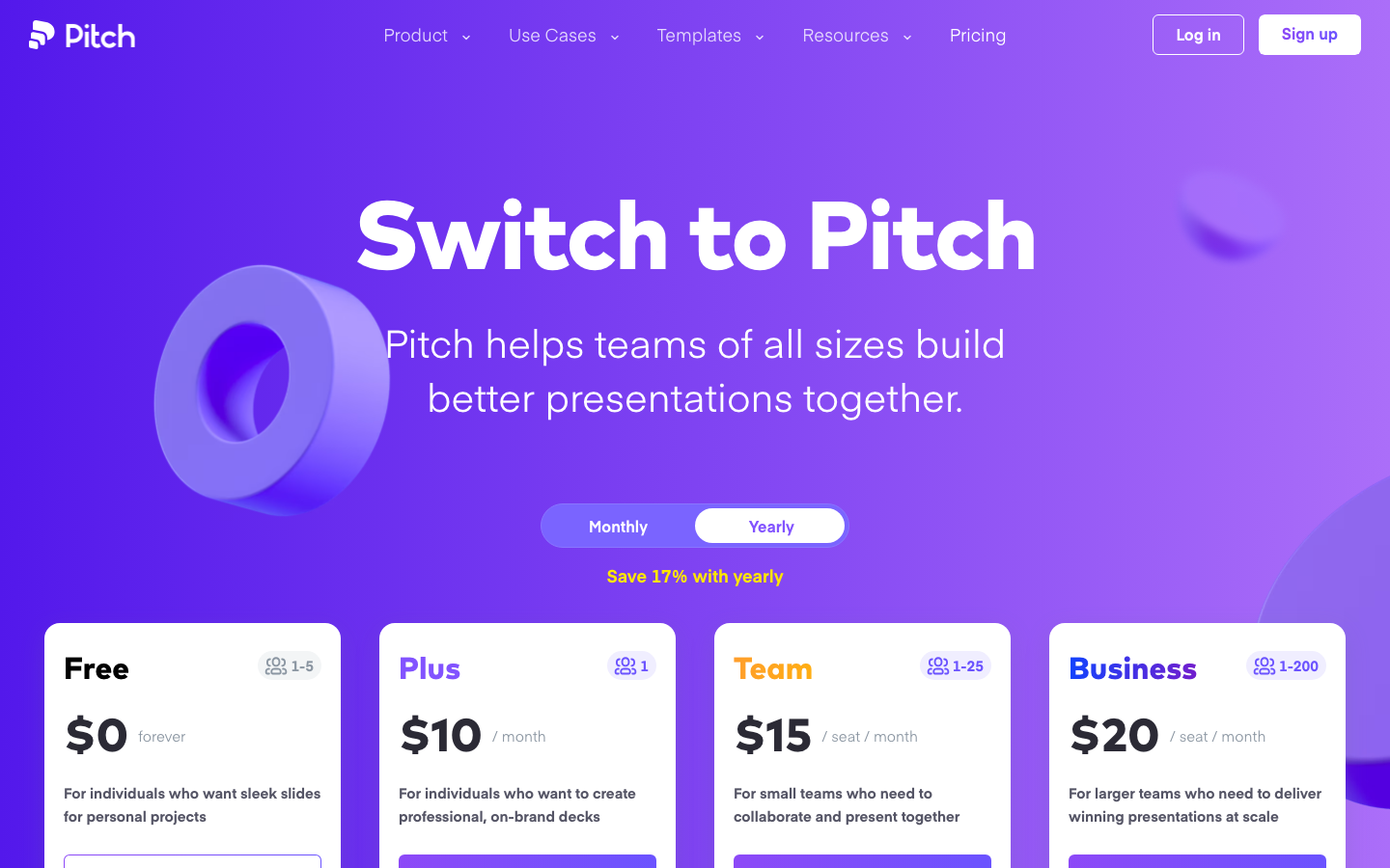 The page uses a clean, spacious layout with bold typography and a limited color palette. The hero section features a prominent logo and clear calls to action, while the lower sections showcase key features with concise descriptions. It feels structured and purposeful. · ai presentation, pitch software, slide deck tool, business presentation, minimalist landing page, tech website, purple website, saas design