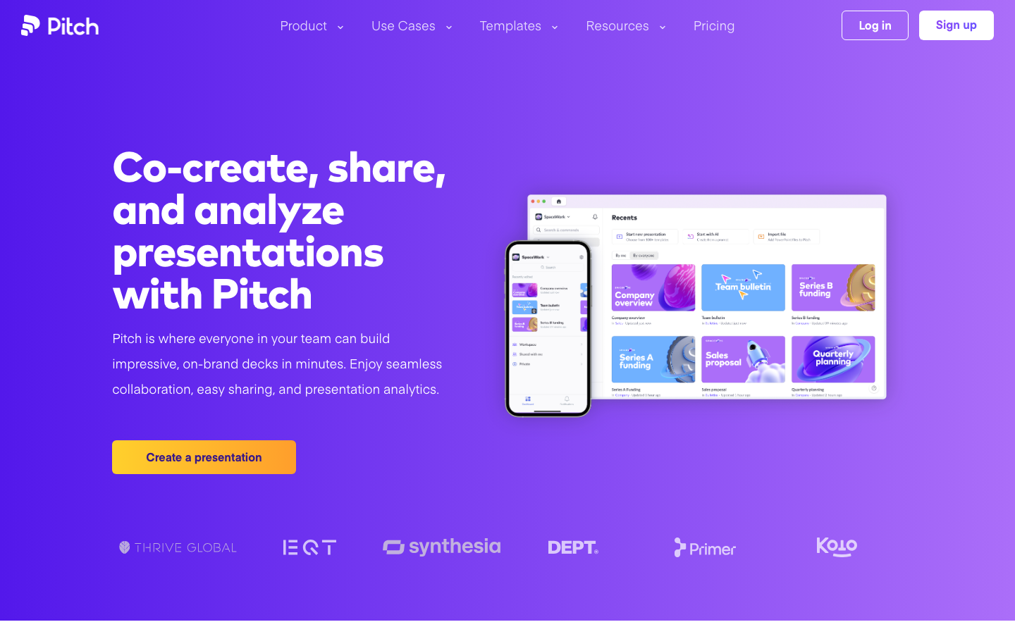 The page uses a clean, spacious layout with bold typography and a limited color palette. The hero section features a prominent logo and clear calls to action, while the lower sections showcase key features with concise descriptions. It feels structured and purposeful. · ai presentation, pitch software, slide deck tool, business presentation, minimalist landing page, tech website, purple website, saas design