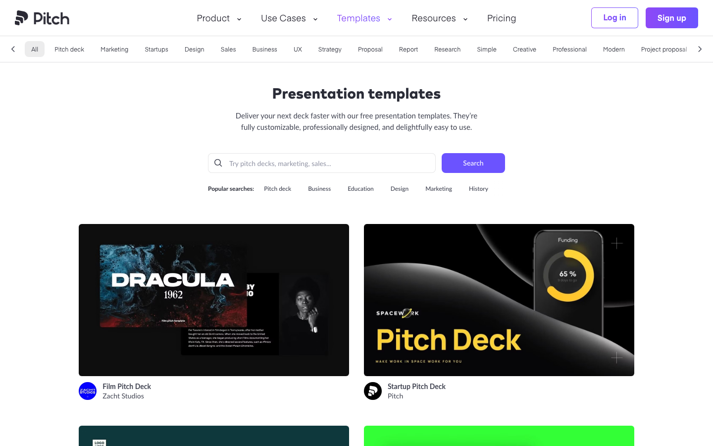 The page uses a clean, spacious layout with bold typography and a limited color palette. The hero section features a prominent logo and clear calls to action, while the lower sections showcase key features with concise descriptions. It feels structured and purposeful.  ·  ai presentation, pitch software, slide deck tool, business presentation, minimalist landing page, tech website, purple website, saas design