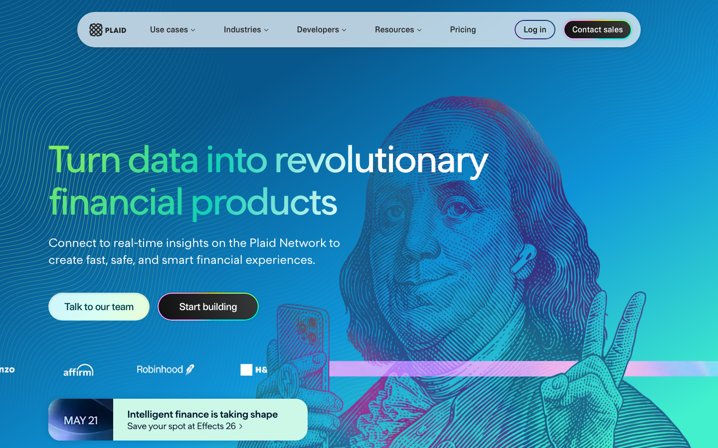The hero image is a striking, high-contrast illustration dominating the left side, while the right features a concise call to action and supporting text. The overall aesthetic is clean and purposeful, prioritizing clarity and a sense of technological sophistication. · fintech hero, developer tools design, monochrome split screen, technical website, illustration hero, plaid website, dark website, minimalist fintech
