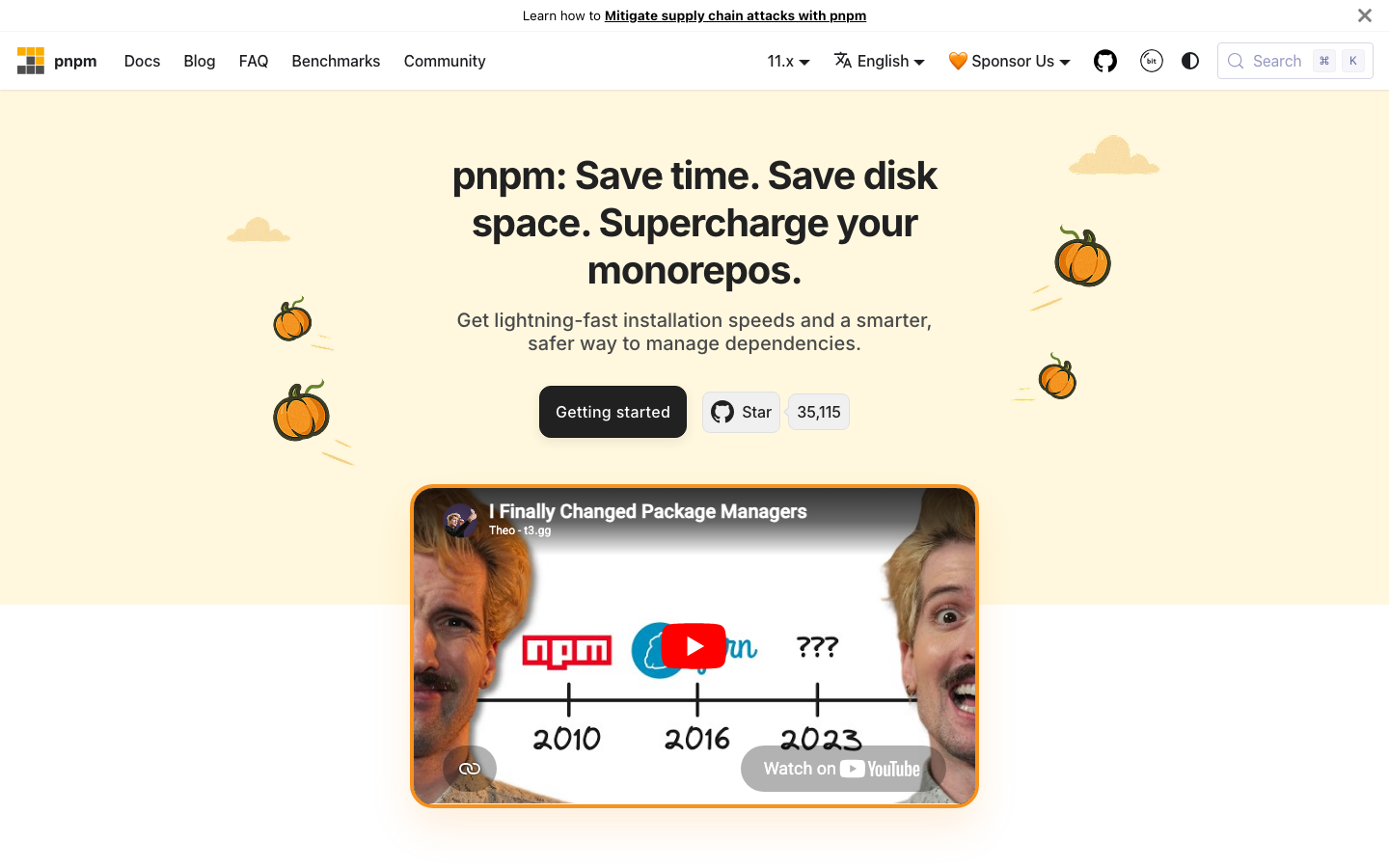The page uses a split-studio layout with a prominent video and supporting text. The color palette is muted pastels and warm tones, creating a clean and approachable feel. Typography is clean and legible, prioritizing clarity and functionality. · package manager, javascript tools, developer tools, saas website, technical design, minimalist ui, code tools, pnpm, monorepo, javascript