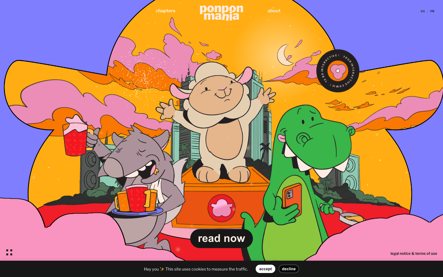 Ponpon Mania is an interactive comic. Follow the adventure of a megalomaniac sheep who wants to make the world dance. Created by Justine Soulié & Patrick Heng. · playful, maximalism, creator, media, hero-fullbleed, logo-cloud, feature-trio