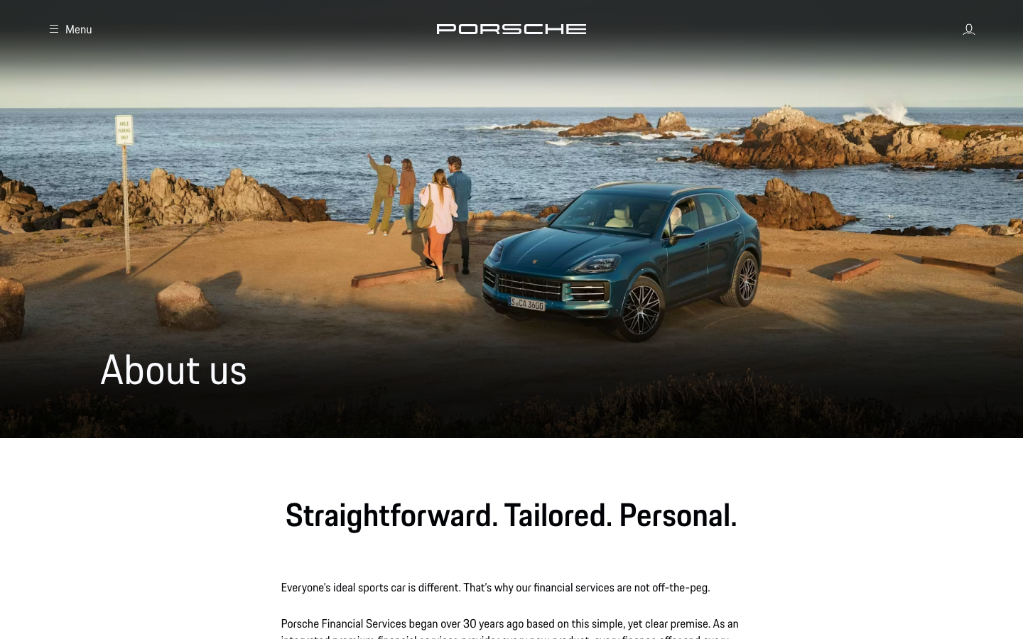 The hero image dominates the viewport, showcasing the car's rear design with a striking, almost clinical focus. The typography is clean and impactful, emphasizing the brand name and a key tagline. The overall feel is precise and sophisticated.  ·  luxury car, sports car, porsche design, automotive hero, minimalist car, dark car, futuristic design, high contrast, silver car
