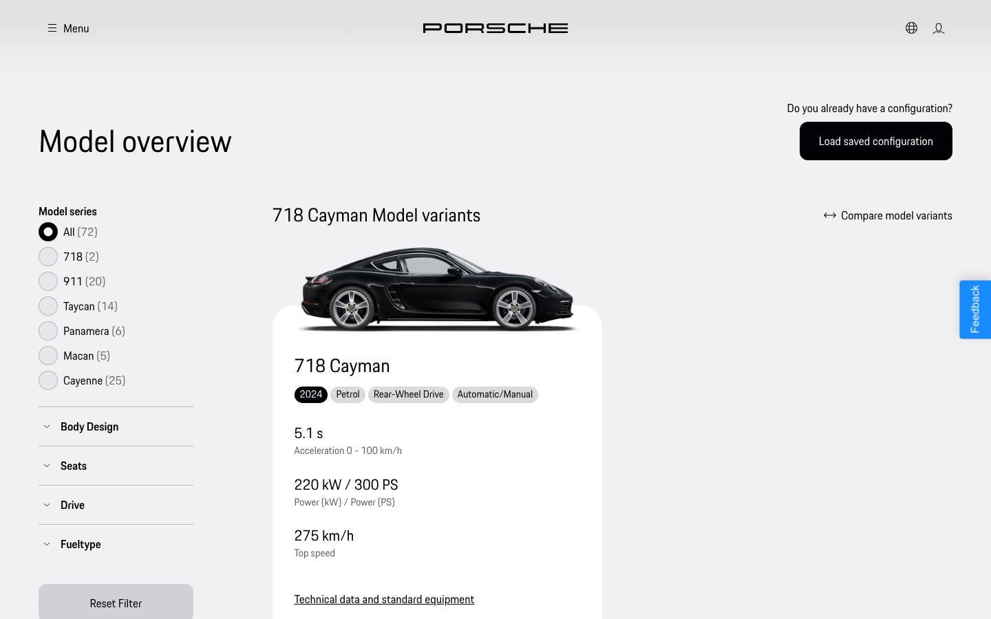 The hero image dominates the viewport, showcasing the car's rear design with a striking, almost clinical focus. The typography is clean and impactful, emphasizing the brand name and a key tagline. The overall feel is precise and sophisticated.  ·  luxury car, sports car, porsche design, automotive hero, minimalist car, dark car, futuristic design, high contrast, silver car