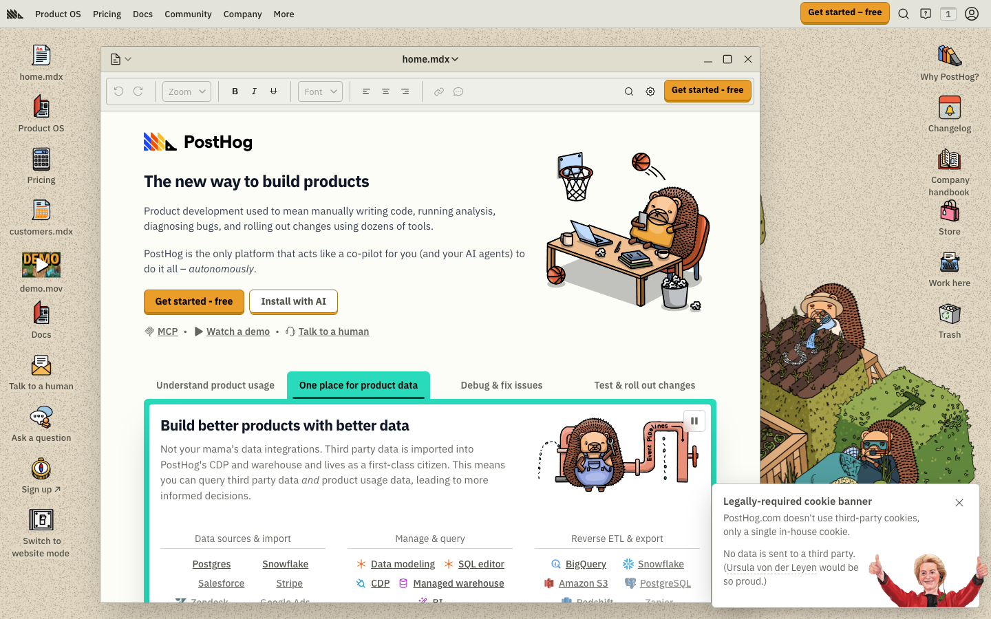 The layout prioritizes clarity and functionality with a clean, grid-based structure. The use of whitespace and straightforward typography creates a sense of precision and efficiency, typical of developer tools. · developer tools, saas landing page, product analytics, technical website, minimalist design, data platform, posthog, analytics platform, product development