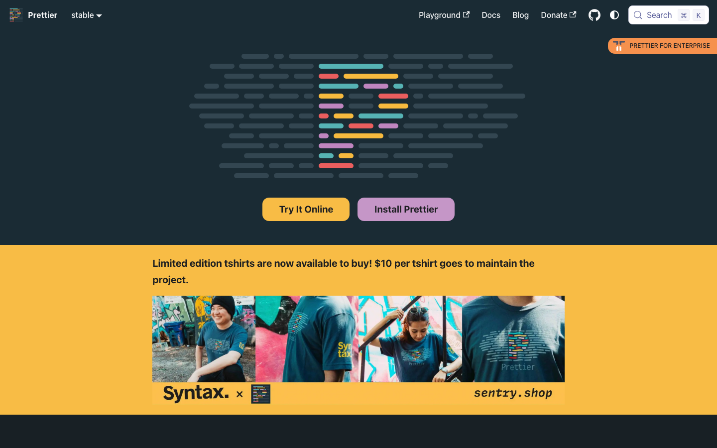 Prettier - The page uses a dark, muted color palette with a focus on typography and code snippets. The layout is structured with distinct blocks showcasing the tool's functionality, creating a sense of organized complexity.  ·  code formatter, dark theme, javascript tools, syntax highlighting, developer website, code editor, minimalist design, technical website